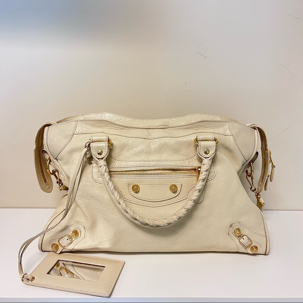 Cream Leather Crossbody Satchel Bag with Gold Hardware